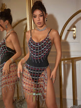 1pc Women's Rhinestone Chain Halter Tank Top And 1pc Side Slit Skirt Set